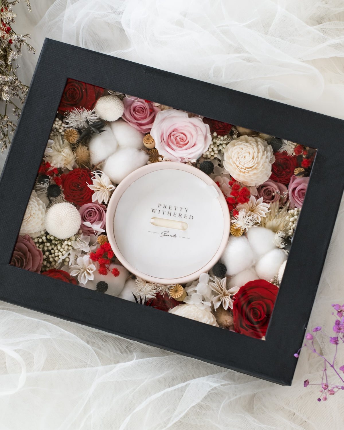 Boxed arrangement with Hand Poured Soy Candle